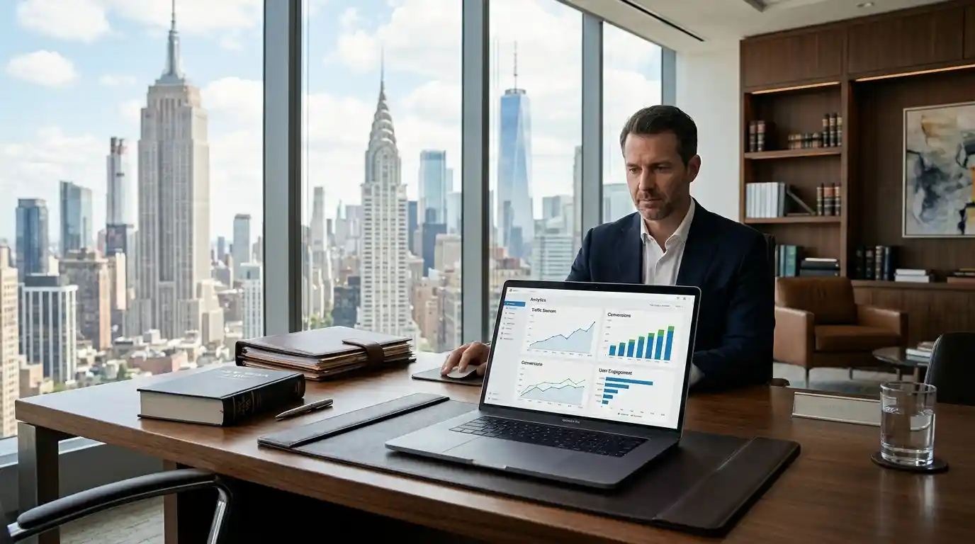 Manhattan law office desk with a laptop displaying website analytics and the New York City skyline outside.
