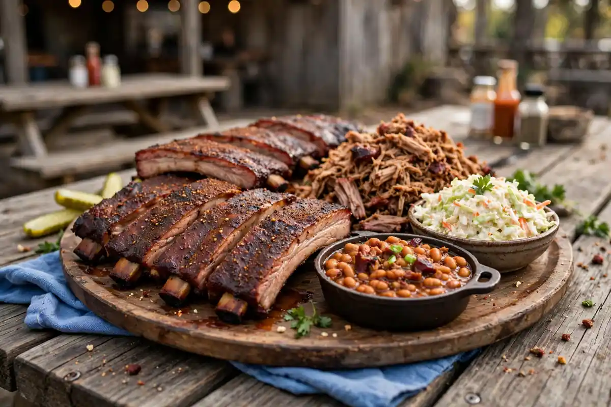 Platter of Memphis-style smoked barbecue ribs and pulled pork with coleslaw and baked beans