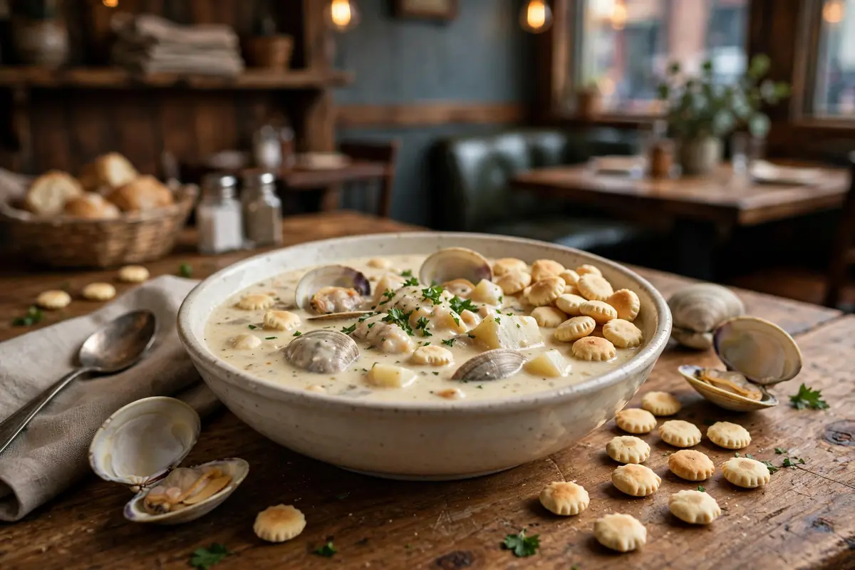 Bowl of creamy New England clam chowder with clams, potatoes and oyster crackers in Boston