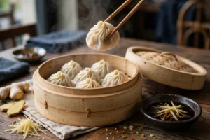 Bamboo steamer basket of soup dumplings with chopsticks lifting one dumpling in San Francisco