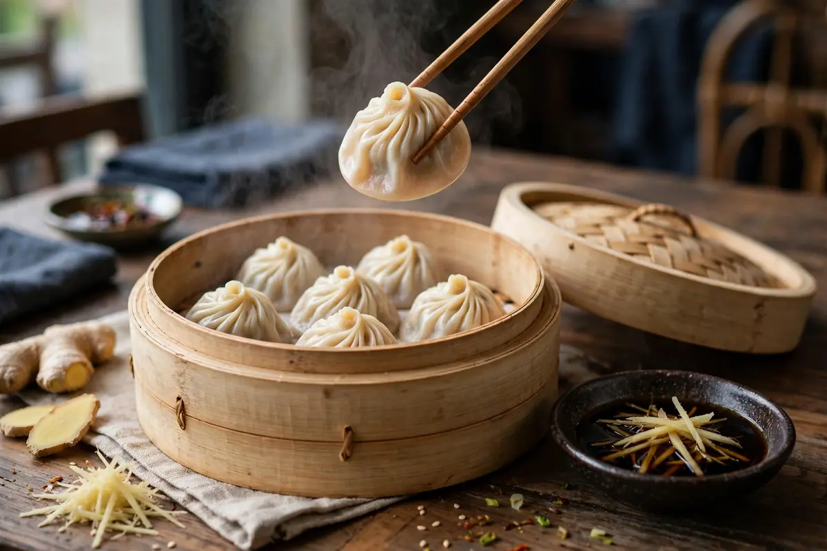 Bamboo steamer basket of soup dumplings with chopsticks lifting one dumpling in San Francisco