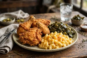 Plate of golden crispy Southern fried chicken with collard greens and macaroni and cheese in Atlanta