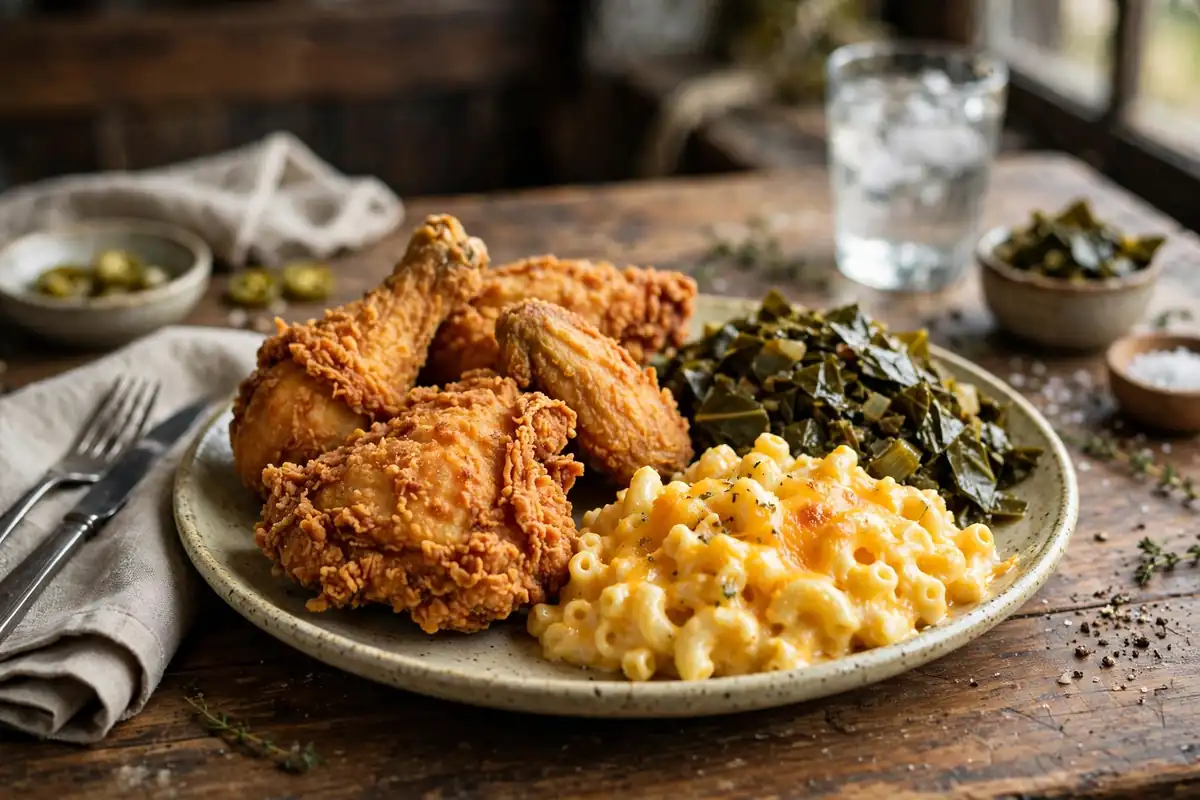 Plate of golden crispy Southern fried chicken with collard greens and macaroni and cheese in Atlanta