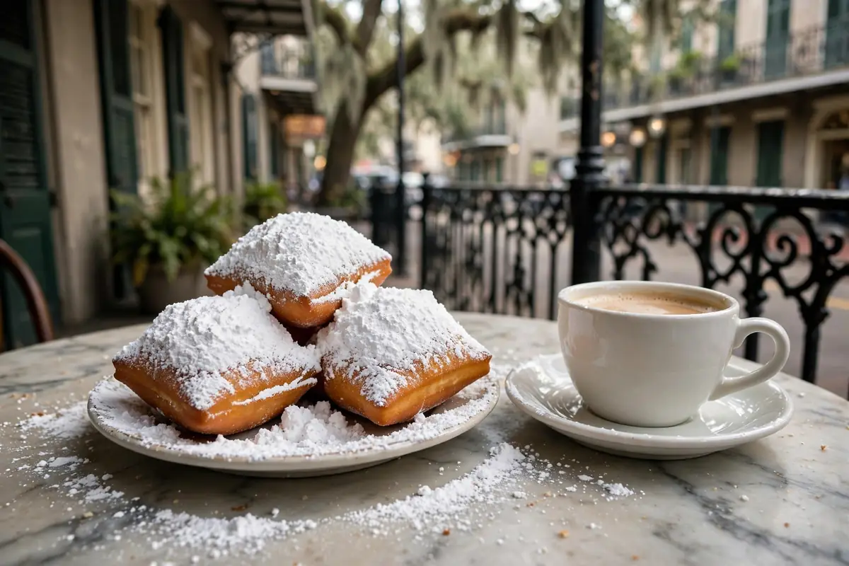 Three golden beignets buried under powdered sugar with cafe au lait on a marble cafe table in New Orleans