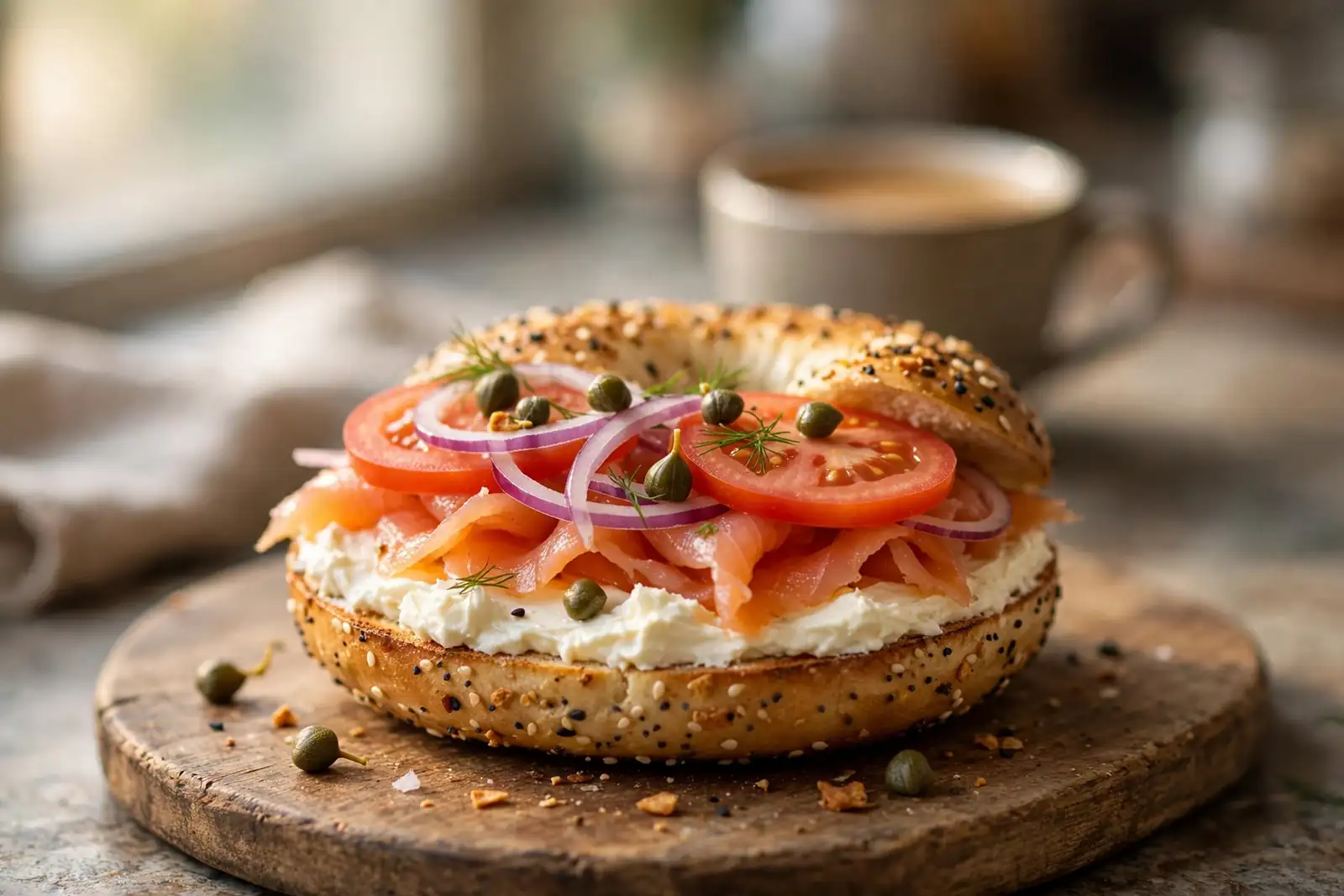 Classic New York bagel with lox and cream cheese