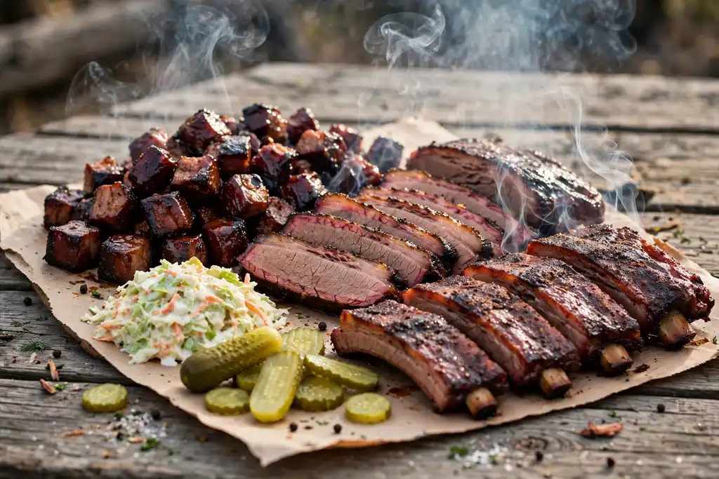 Platter of the best BBQ in Kansas City with burnt ends and brisket