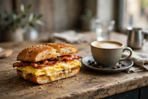 A Boston breakfast sandwich with egg, cheese and bacon on a toasted roll beside coffee at a neighborhood cafe counter