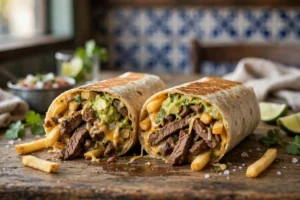 A San Diego California-style burrito cut open showing carne asada, french fries, cheese and guacamole on a rustic taqueria table