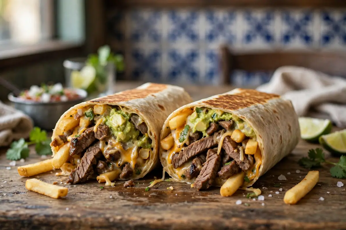 A San Diego California-style burrito cut open showing carne asada, french fries, cheese and guacamole on a rustic taqueria table
