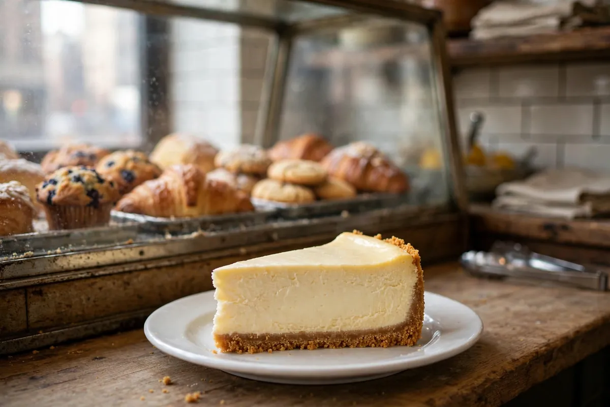 Classic New York style cheesecake slice with graham cracker crust in a bakery