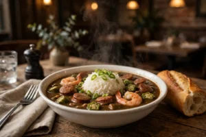 Steaming bowl of the best gumbo in New Orleans with rice and sausage