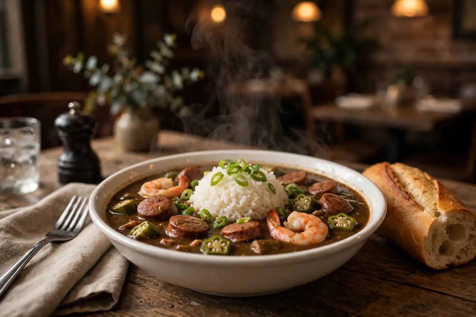 Steaming bowl of the best gumbo in New Orleans with rice and sausage