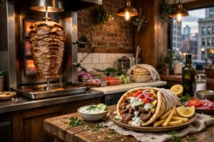 Greek gyro shop in Chicago with vertical rotisserie and fresh gyro in pita
