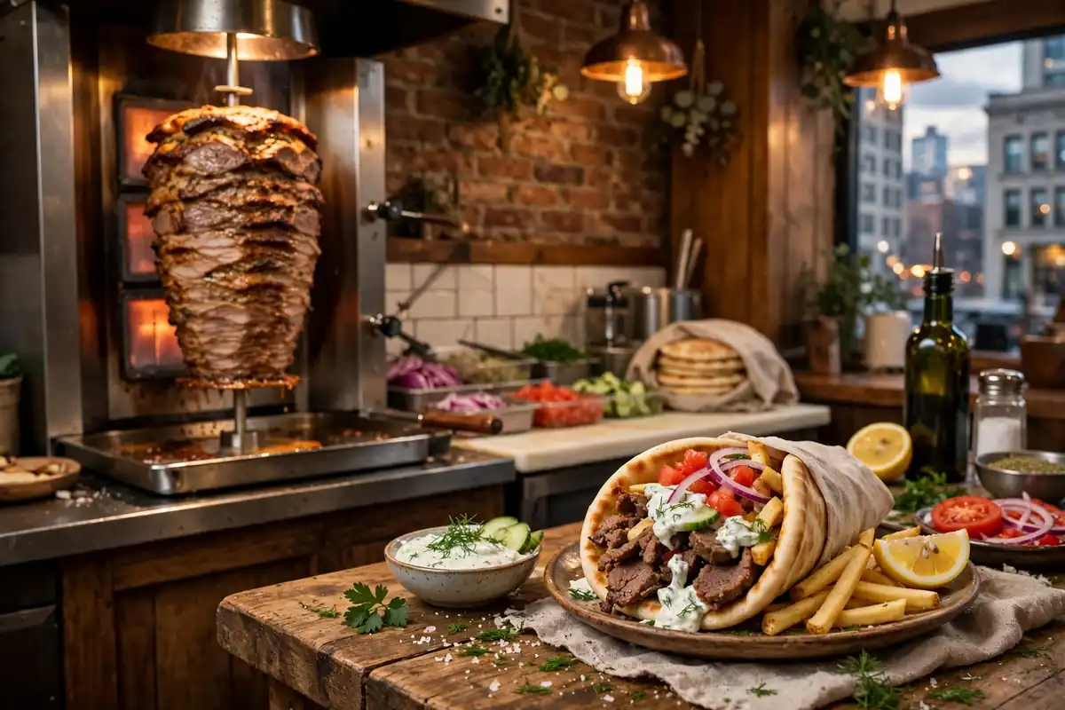 Greek gyro shop in Chicago with vertical rotisserie and fresh gyro in pita