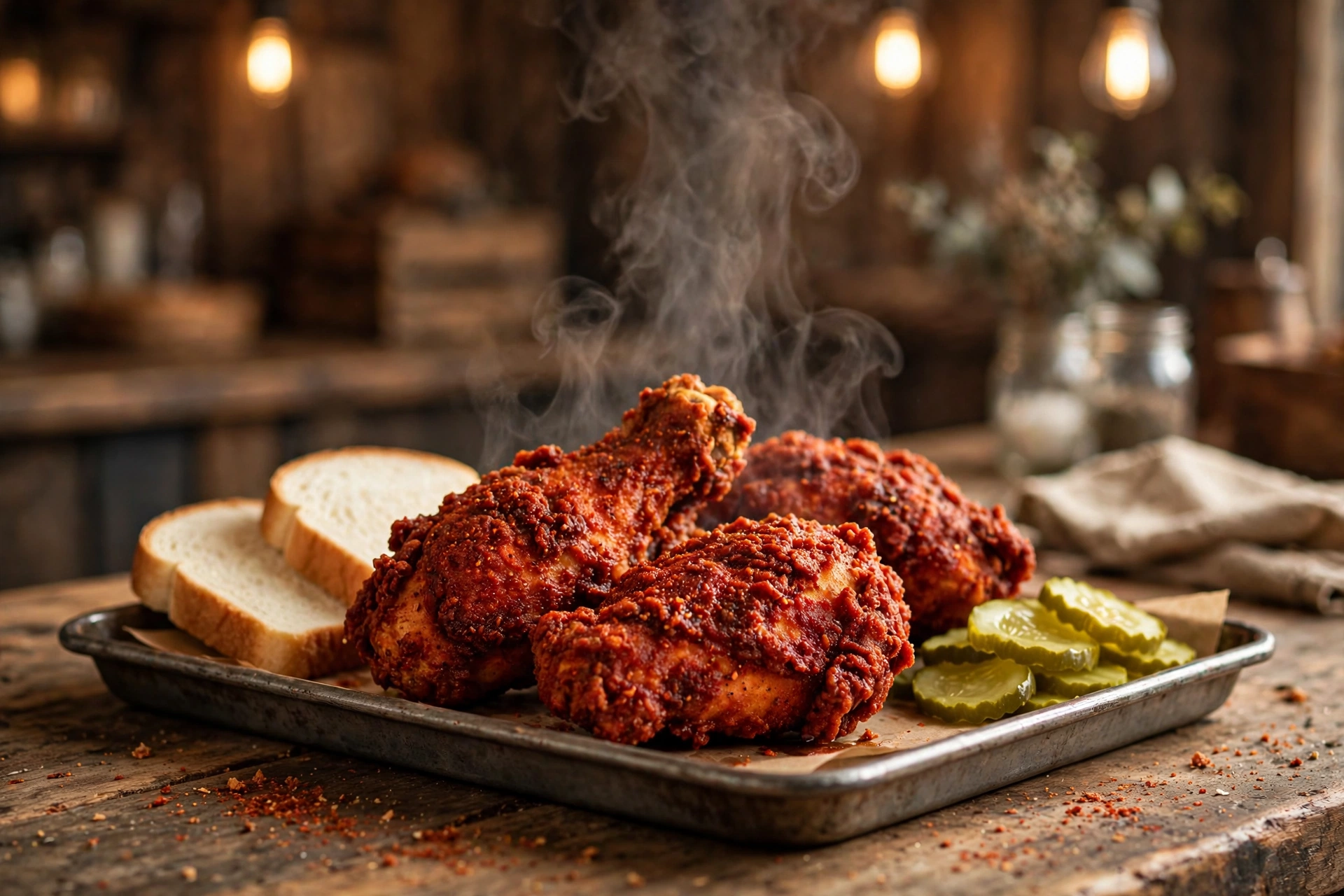 Nashville hot chicken with cayenne crust, pickles and white bread on a tray