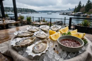 Fresh raw oysters on ice with lemon wedges and mignonette at a Seattle seafood restaurant overlooking the water