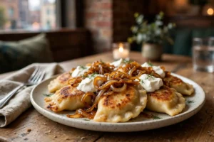 Golden pan-fried pierogies topped with caramelized onions and sour cream on a plate in a cozy Pittsburgh restaurant