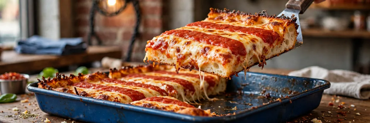 Detroit-style square pizza slice lifted from a blue steel pan with caramelized cheese edges