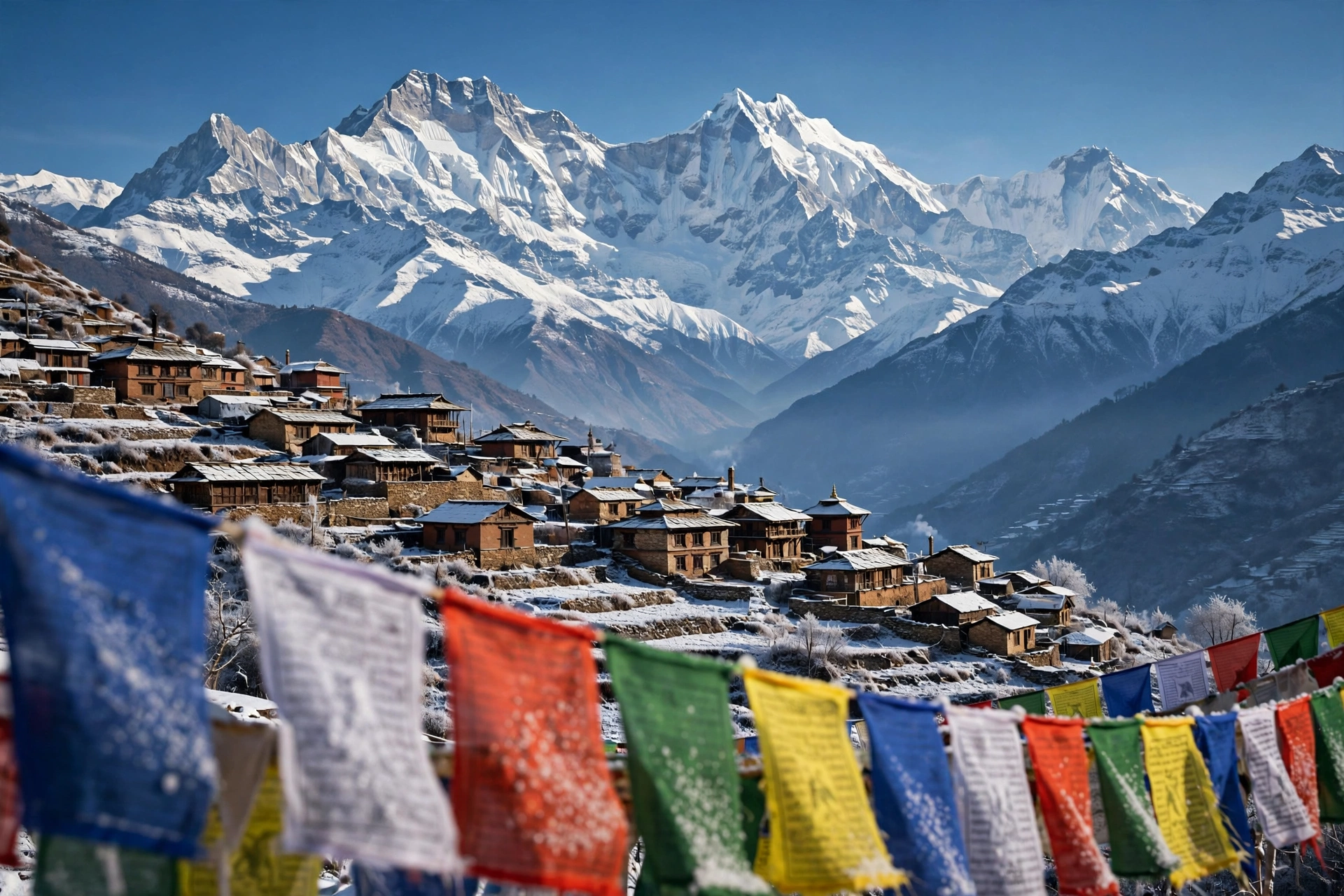 Snow-covered Himalayan peaks above a traditional Nepalese village in winter, representing the best places to visit in Nepal in winter