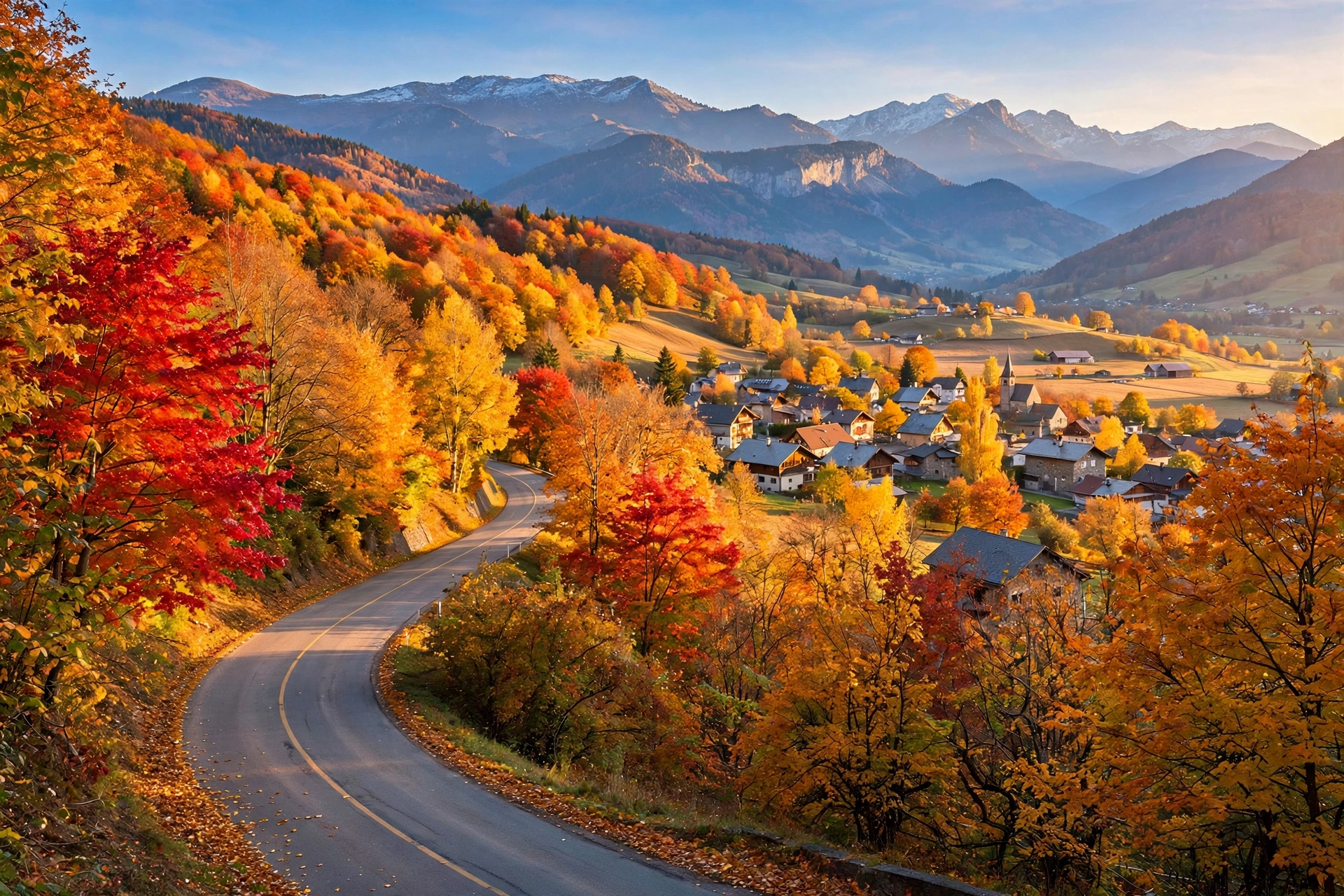 Scenic autumn road through vibrant fall foliage with mountains, representing the best places to visit in September and October