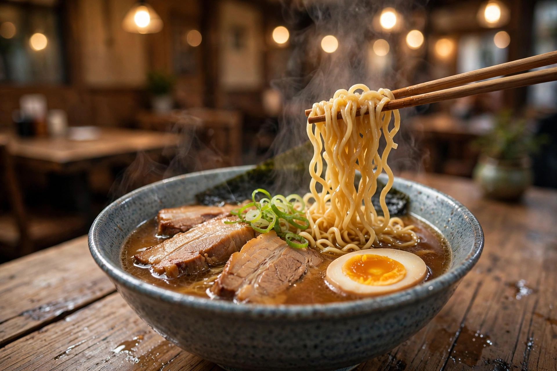 Steaming bowl of tonkotsu ramen with chashu pork, soft egg and noodles in New York City