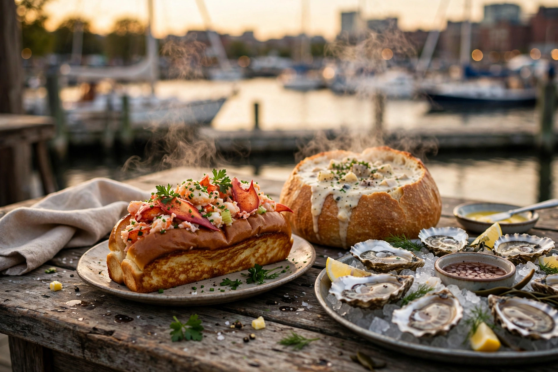 New England seafood platter with lobster roll, clam chowder and oysters at Boston harbor