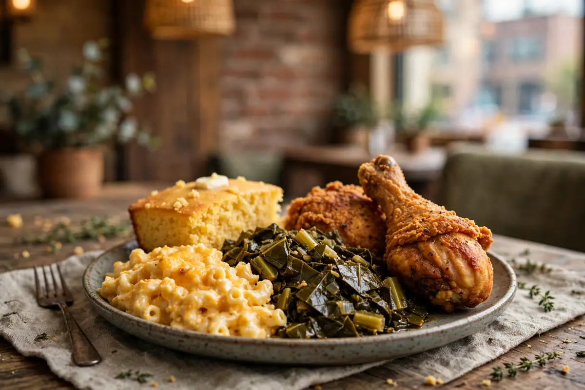 A Southern soul food plate with fried chicken, collard greens, macaroni and cheese and cornbread on a table in a cozy Atlanta restaurant
