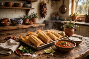 Steaming tray of traditional tamales in corn husks with salsa in a Texas kitchen