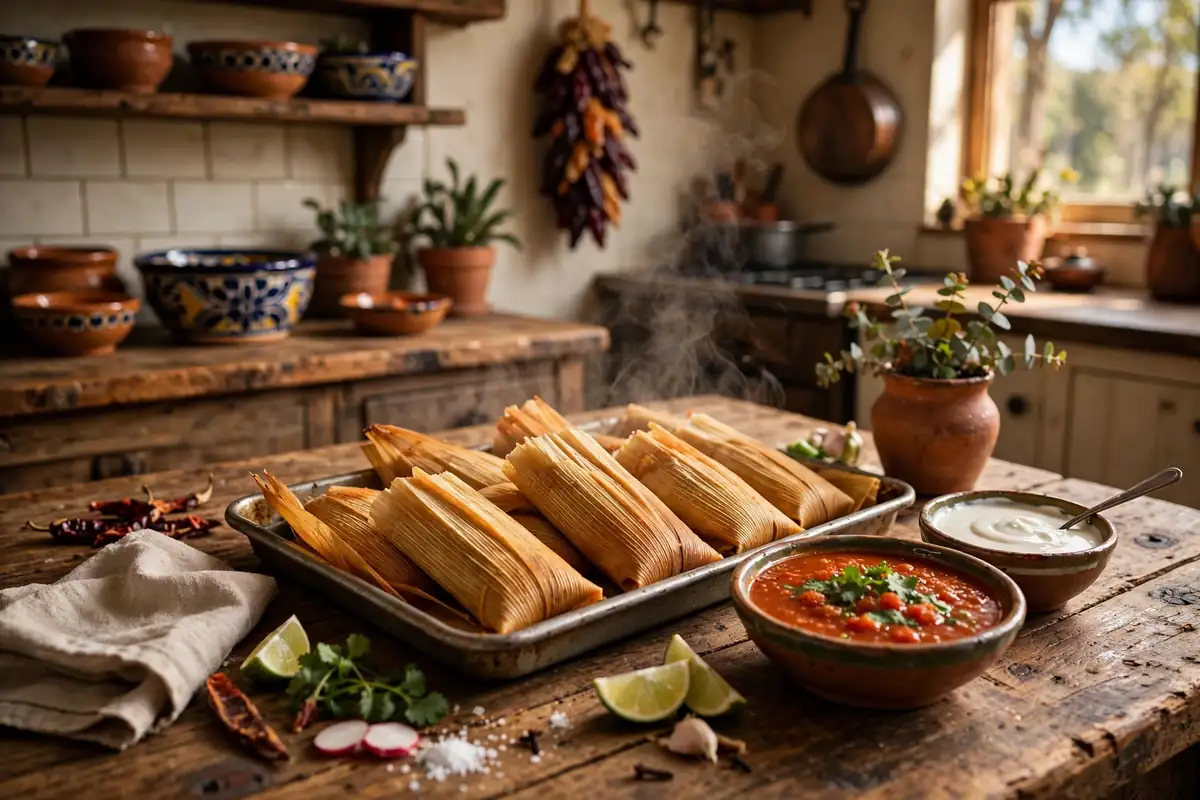 Steaming tray of traditional tamales in corn husks with salsa in a Texas kitchen