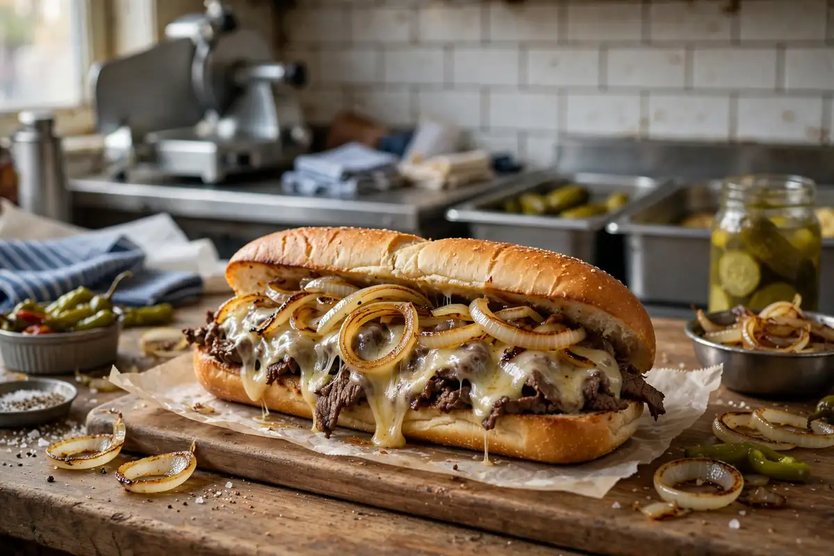 Philadelphia cheesesteak with melted cheese and grilled onions at a deli counter