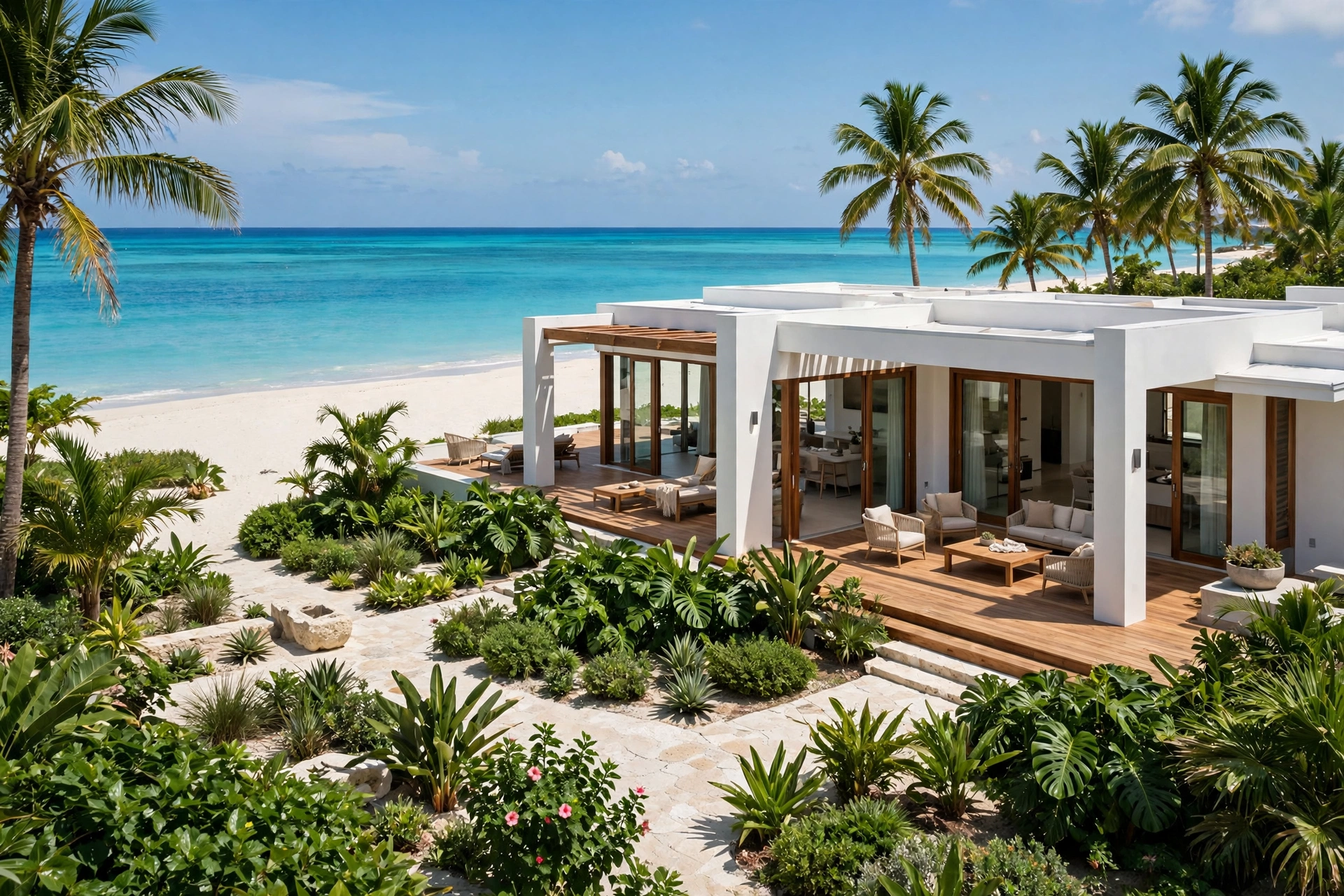 Modern luxury beachfront villa with white architecture, wooden deck terrace, palm trees, and turquoise Caribbean sea in the Cayman Islands
