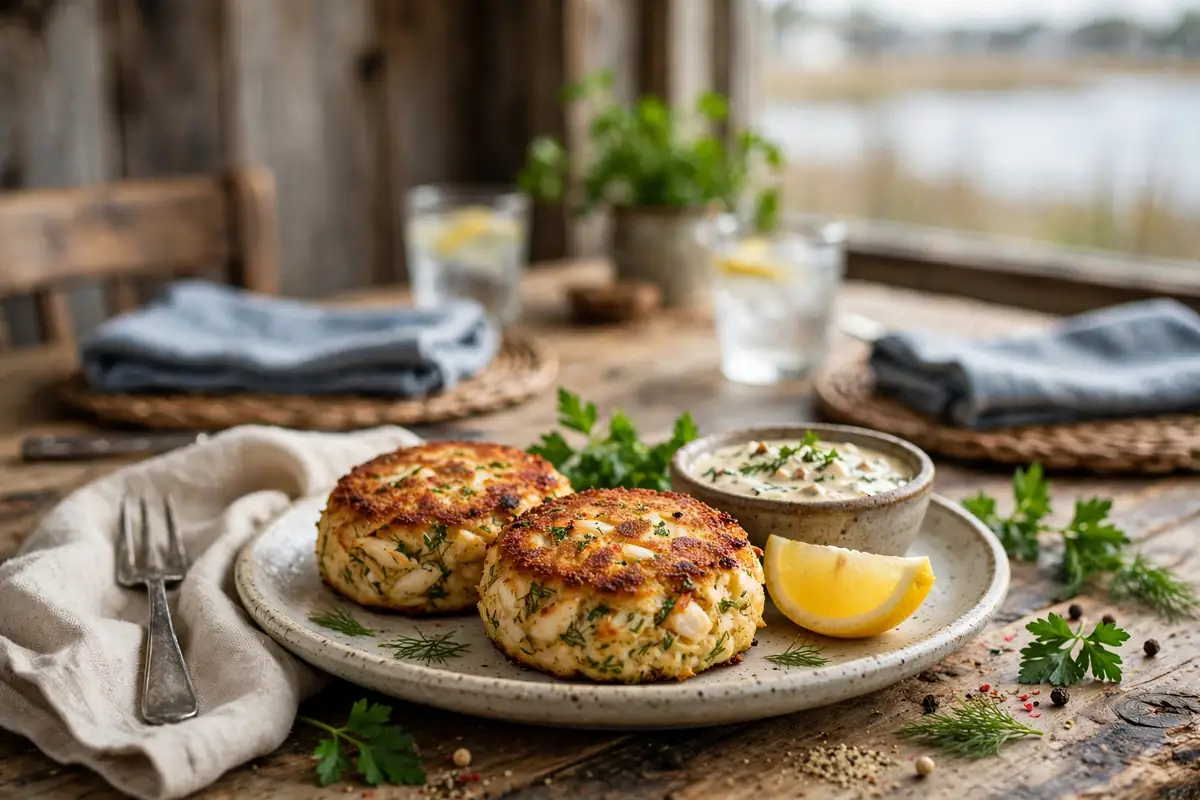Two golden broiled jumbo lump crab cakes with lemon wedge on a rustic Chesapeake restaurant table