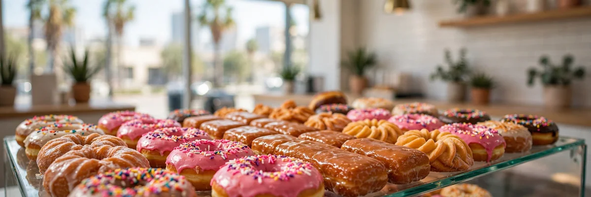 Colorful display case of gourmet donuts with pink glaze and sprinkles in a Los Angeles donut shop