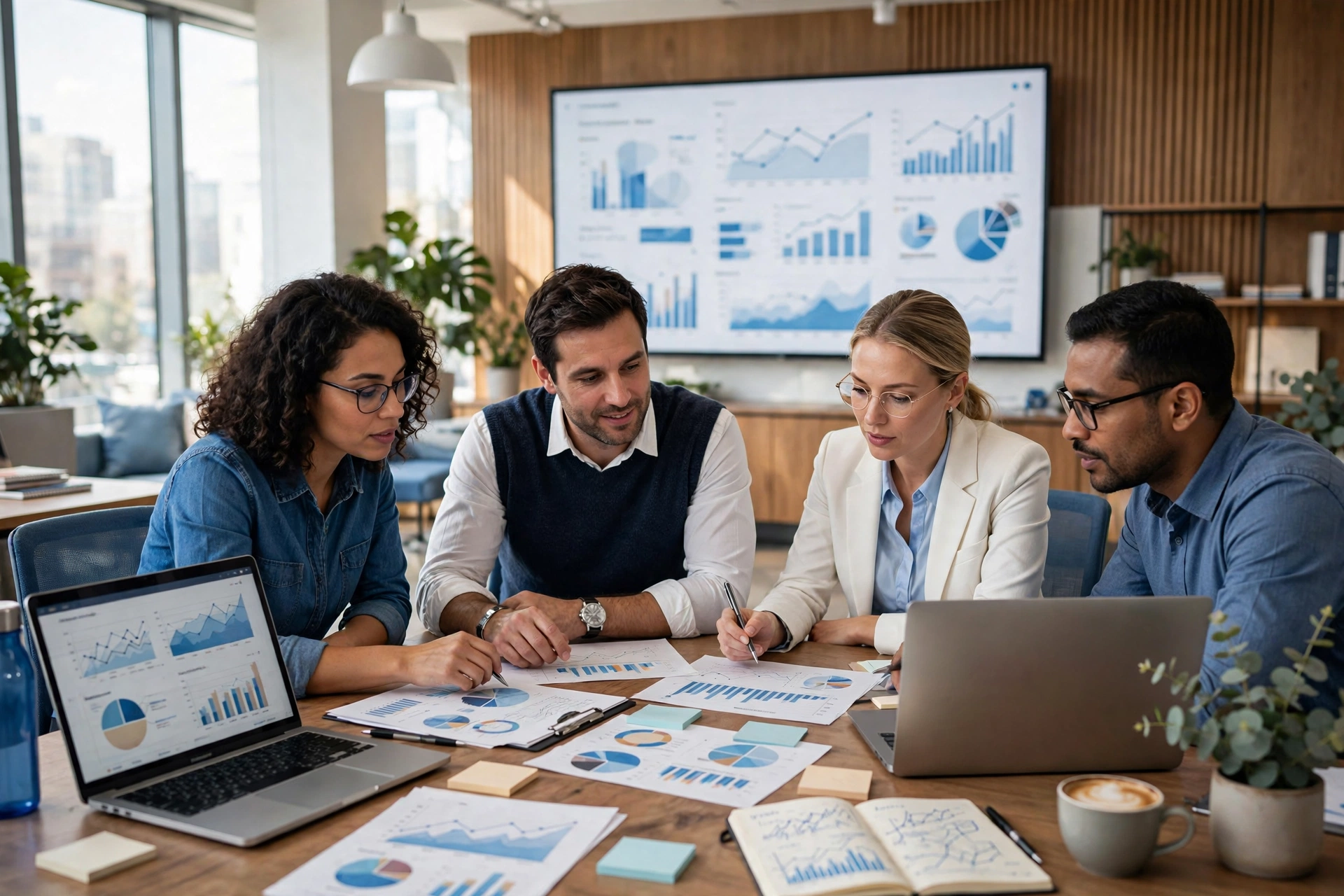 Business team reviewing digital marketing analytics dashboards, representing digital marketing strategies for business firms