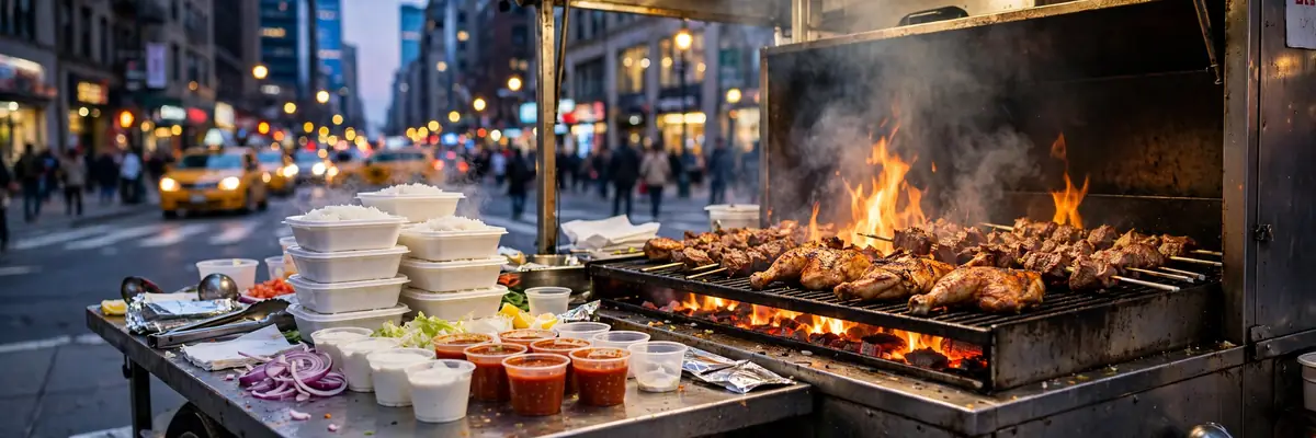 Sizzling halal cart grill with chicken and lamb on a New York City street at dusk