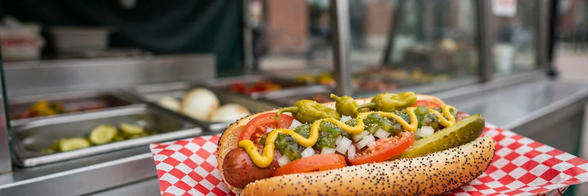 Chicago-style hot dog loaded with mustard, relish, onions, tomato, pickle, sport peppers on a poppy seed bun