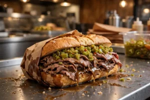 Chicago Italian beef sandwich piled with thinly sliced roast beef, jus and hot giardiniera on a deli counter