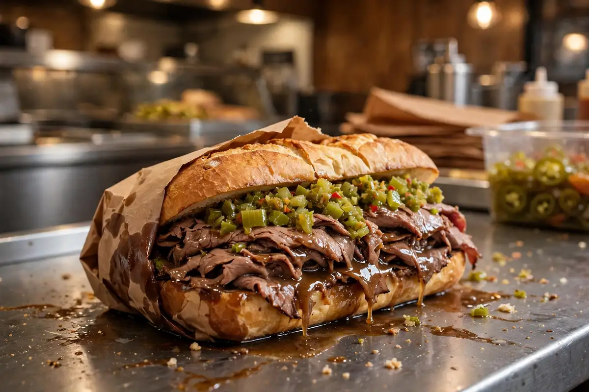 Chicago Italian beef sandwich piled with thinly sliced roast beef, jus and hot giardiniera on a deli counter