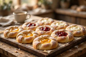 Tray of fresh Czech kolaches with apricot, cherry and cream cheese fillings in a Houston bakery