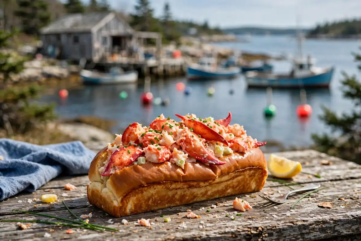 Classic Maine lobster roll heaped with lobster meat on a toasted bun at a Portland Maine waterfront