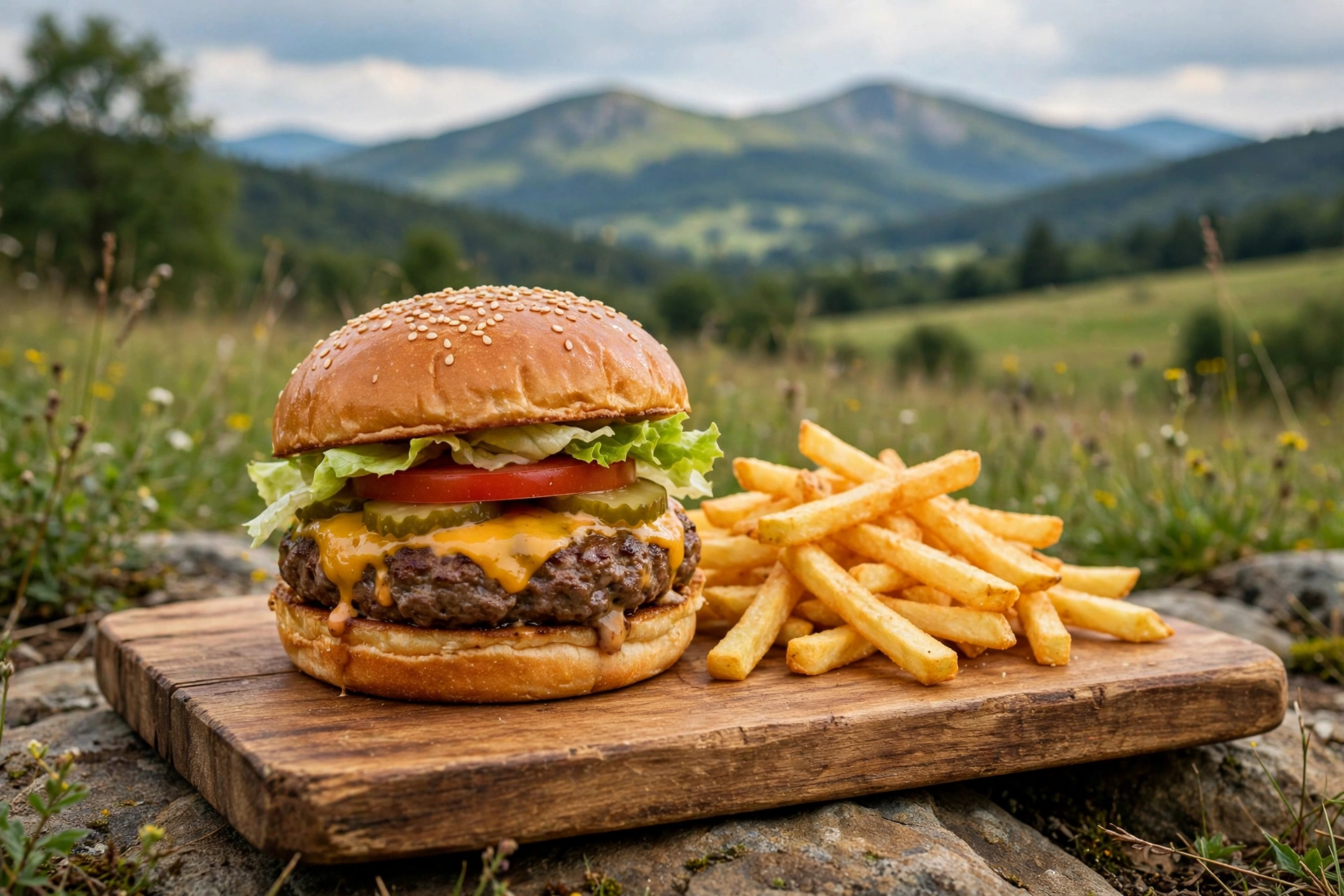 Gourmet cheeseburger with crispy fries in America