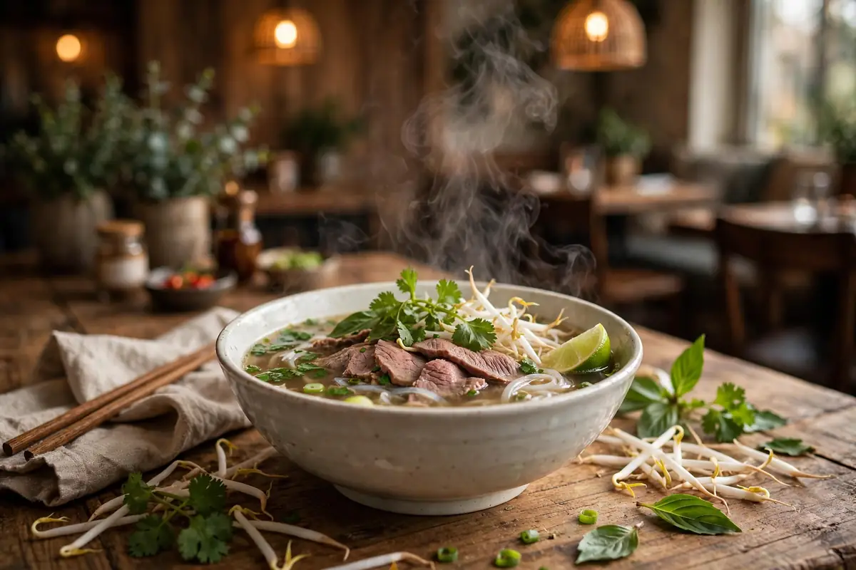 Steaming bowl of Vietnamese pho with beef, noodles, herbs and lime in Houston