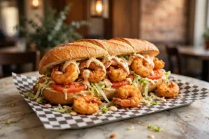 Fried shrimp po'boy sandwich on crusty French bread with lettuce, tomato and remoulade in New Orleans
