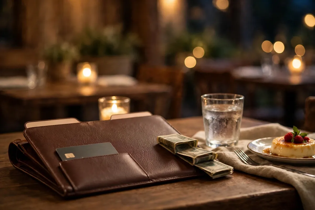 Restaurant table with a bill folder, credit card and cash tip left after dinner