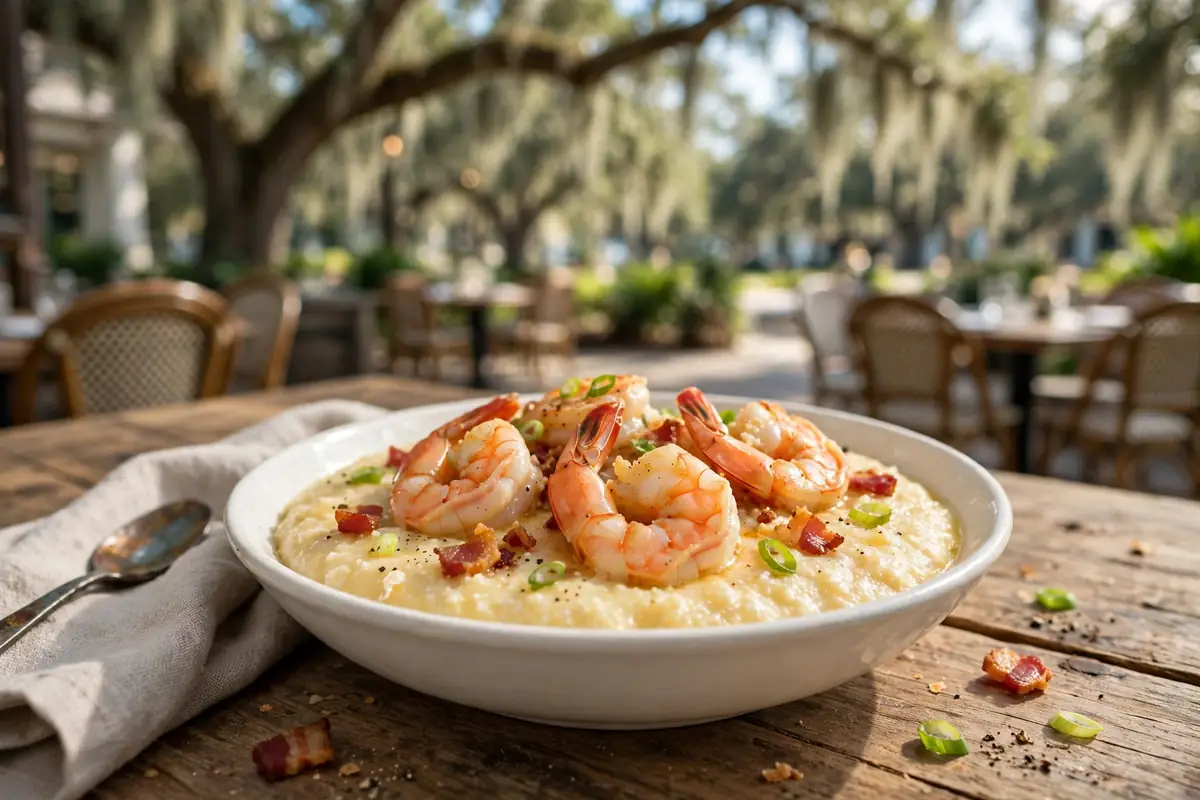 Bowl of Lowcountry shrimp and grits with bacon on a Charleston restaurant patio