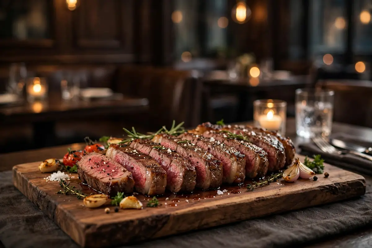 Sliced dry-aged ribeye steak on a wooden board in a New York City steakhouse