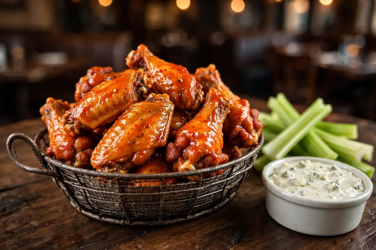 Basket of glossy buffalo chicken wings with celery sticks and blue cheese dip in Buffalo New York